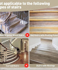 Image showing types of stairs not suitable for Tape Free Non Slip Bullnose Carpet Stair Treads Set, including raw wood, peeling paint, curved, nosings.
