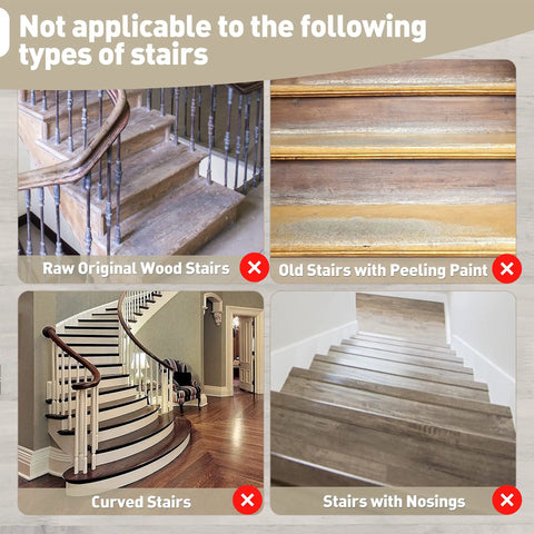 Image showing types of stairs not suitable for Tape Free Non Slip Bullnose Carpet Stair Treads Set, including raw wood, peeling paint, curved, nosings.