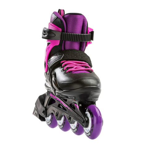 Front view of black/pink Junior Adjustable Inline Skate For Fitness With Breathable Molded Boot, Push Button Size Adjustment Up To Four Full Sizes
