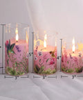 Pink Hummingbird Floral Glass Flameless Candles With Remote Timer Flickering Battery LED Pillar Candles Set Of 3, sizes 6, 5, 4 inches