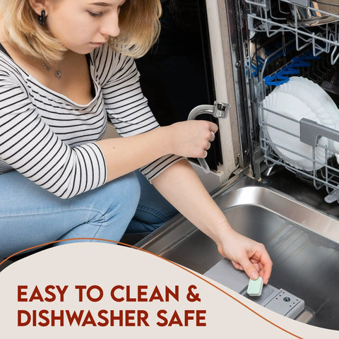Woman placing stainless steel spiral dough hook for KitchenAid in dishwasher, fits 4.5 and 5 quart tilt head models.