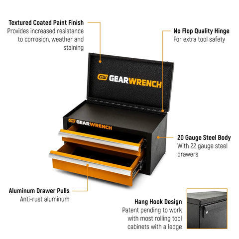 11 Inch Two Drawer Mini Toolbox Built Damn Tough From Heavy Gauge Steel With Patented Hang Hook Mounts To Roller Cabinets Smoothly And Keeps Your Go-To Hand Tools Locked And Loaded On Any Workbench