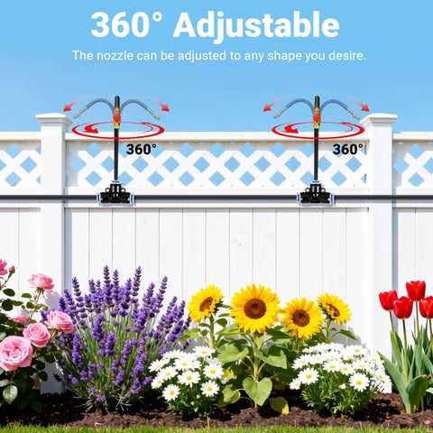 100Ft 360 Degree Adjustable Garden Irrigation System installed on a fence, watering flowers with mist from 18 nozzles.