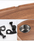 Close-up of Top Shelf Oval Pontoon Boat Table Package with resin top, stainless steel drink holder, and mounting parts.