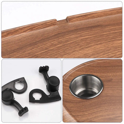 Close-up of Top Shelf Oval Pontoon Boat Table Package with resin top, stainless steel drink holder, and mounting parts.