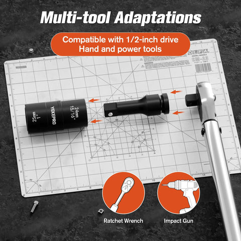 6 Piece 1/2 Inch Drive Flip Socket Set With Dual Head Lug Nut Removal Tools showing compatibility with hand and power tools