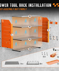 Power Tool Organizer Wall Mount With Charging Station Four Tier Garage Storage Rack Including Cordless Drill Holders And Side Tool Racks For Pliers Hammers And More Orange shown with assembly instructions