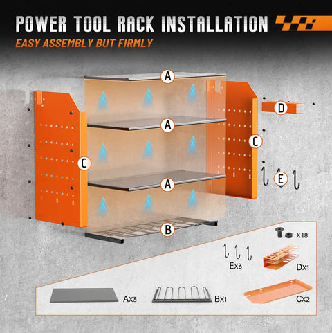 Power Tool Organizer Wall Mount With Charging Station Four Tier Garage Storage Rack Including Cordless Drill Holders And Side Tool Racks For Pliers Hammers And More Orange shown with assembly instructions