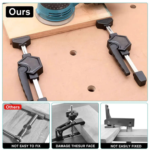 Beefy Heavy Duty Bench Clamp Set With Quick Release For 20mm Bench Dog Holes, 170lbs Grip, Adjustable Woodworking Clamp For Glueups, Assembly, And Planing Projects Plus Durable PA6 GF30 Construction And Rubber Pads on bench