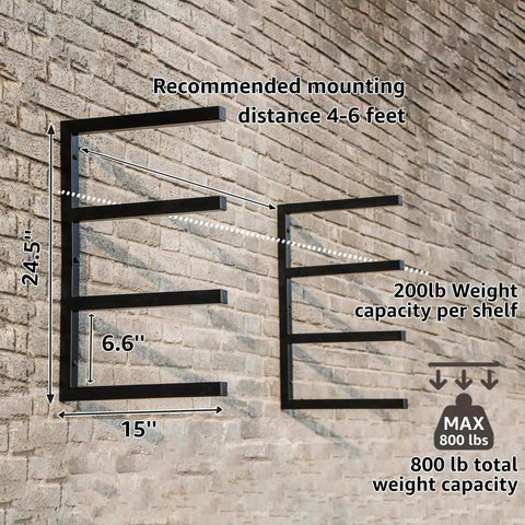Heavy Duty Wall Mounted Lumber Rack With Rock Solid Four Level Metal Shelf For Garage And Workshop Mega 800 Pound Capacity showing dimensions and weight limits.