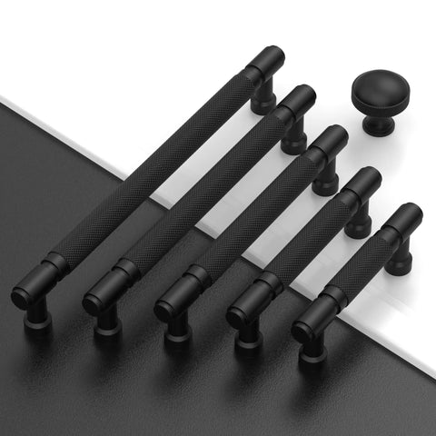 Heavy Duty Matte Black Knurled Cabinet Pulls, Five Inch Center To Center, Ten Pack Slick Modern Drawer Handles For Kitchens, showcasing textured grip handles.