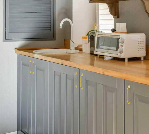 Brushed Gold Cabinet Hardware Three Inch Center To Center Drawer Pulls Ten Pack Heavy Duty Solid Metal Kitchen Bath Cabinet Handles Dang Nice Home Refresh Fix Up on gray cabinetry.