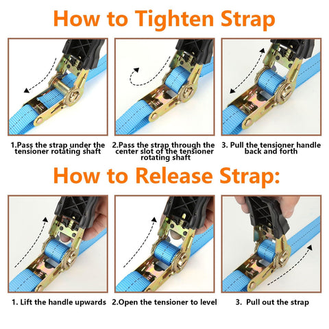 Beefy 1 Inch Tie Down Straps, 20 Foot Length With Hooks, 2200 Lbs Break Strength instructions for tightening and releasing.