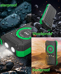 Beast 49800mAh Solar Power Bank With Wireless Charging 22W in rugged terrains showcasing waterproof, shockproof, and dustproof features.