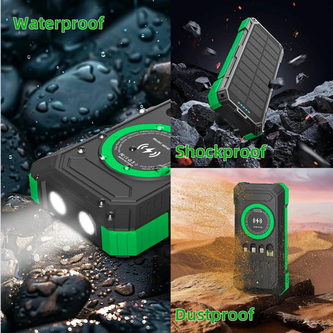Beast 49800mAh Solar Power Bank With Wireless Charging 22W in rugged terrains showcasing waterproof, shockproof, and dustproof features.