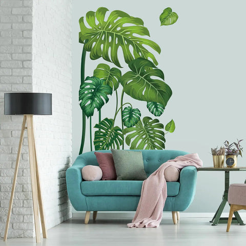 Lush Green Tropical Jungle Leaves Wall Decals Set Four Large Sheets Peel And Stick Removable Monstera And Palm Tree Murals