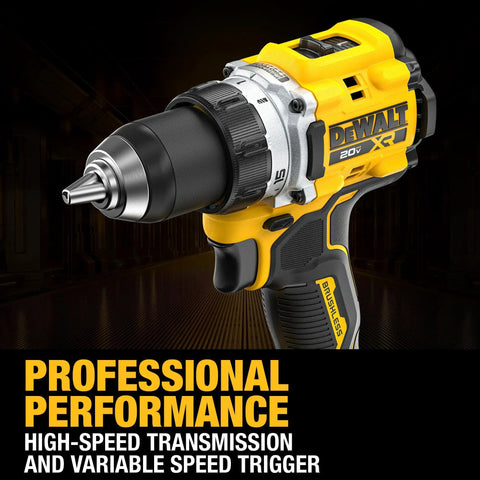 Close-up of 20V Max XR Brushless Cordless 1/2 In Drill Driver Kit With PowerPack Batteries And Charger, showcasing professional performance.