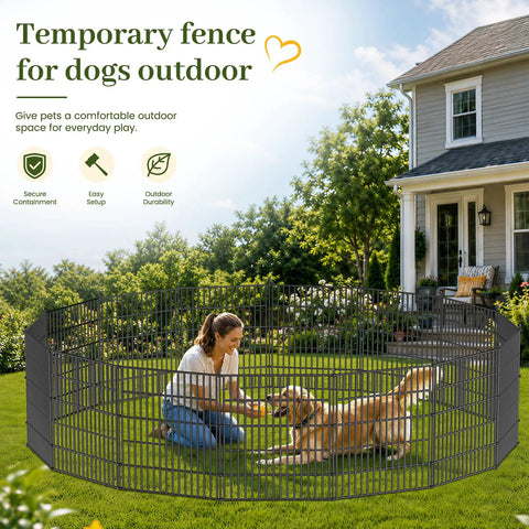 No Dig 10 Panel Decorative Outdoor Garden Fence With Gate For Yard 40 Inch High And 23.6 Feet Long installed around a dog