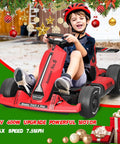 Child smiling in a 24V Electric Go Kart With Adjustable Seat For Kids And Teens, 7Ah Battery, Top Speed 7.5 MPH, wearing helmet, Christmas theme