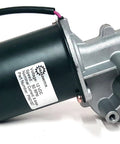 Straight Bulletproof 12V DC Right Angle Worm Gear Motor With 50 RPM Low Speed And High Torque Output Featuring A Reversible Design and Dual Flat Shafts for Heavy Lift Mods. Close-up view of motor with wiring.