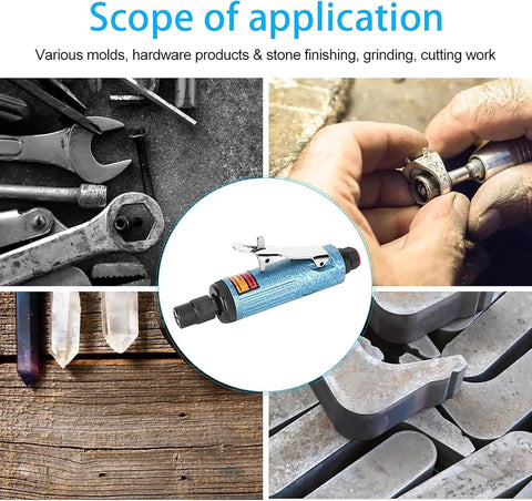 Blue Aluminum Alloy Pneumatic Die Grinder Top Shelf Air Powered Rotary Tool with diverse molds and tools for various applications.