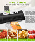 Powerful Vacuum Sealer For Food With Automatic Mode displaying Pulse Vac mode and sealing salmon in vacuum bag