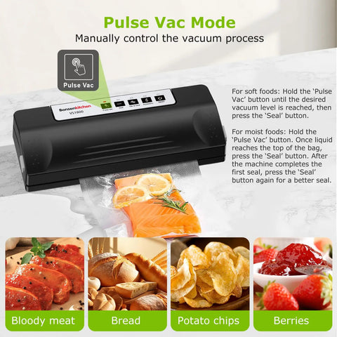 Powerful Vacuum Sealer For Food With Automatic Mode displaying Pulse Vac mode and sealing salmon in vacuum bag