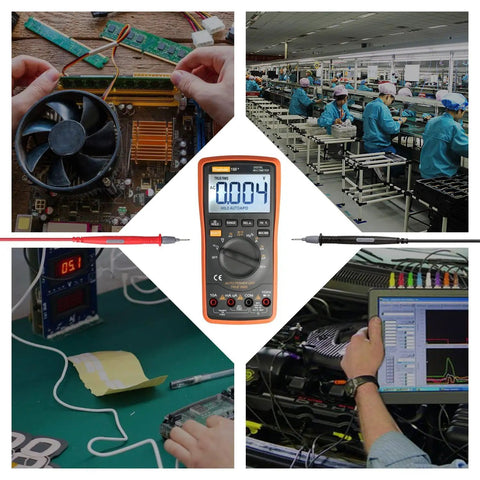 Ranging Digital Multimeter TRMS 6000 with Battery Clips and Test Leads in various electronics testing scenarios