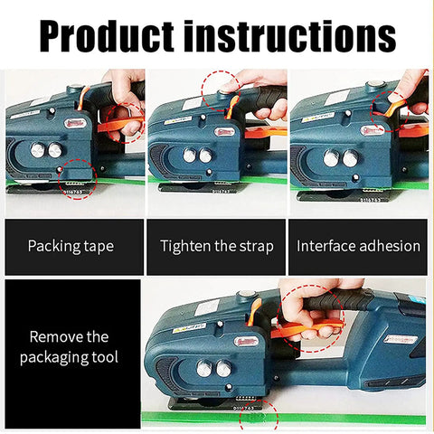Product instructions for Heavy Duty Electric Welding Strapping Tool For PP PET Bands with images showing how to pack.