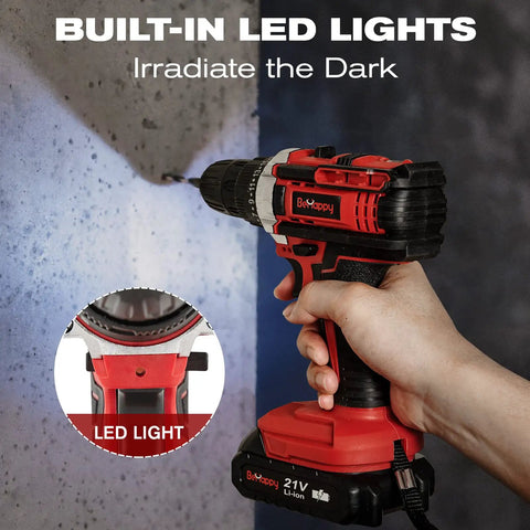 Using 43 Piece Power Tool Set Combo Kit With 21V Cordless Drill Driver for Home DIY Projects, featuring built-in LED lights.