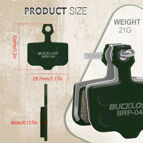 Diagram showing Sram Compatible Disc Brake Pads With Resin, Multi Metal, Sintered Metal, dimensions 33mm x 29.7mm, 4mm thick, 21g