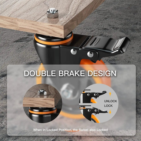 Close-up of Heavy Duty 3 Inch Caster Wheels Set Of Four With Threaded Stem 1/2-13 X 1, 400 Lb Per Wheel, dual brake design