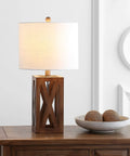Brown Farmhouse Wood Table Lamp With White Linen Drum Shade 21.5 Inch Cozy Rustic Modern Bedside And Living Room Mood Light LED Bulb Included ETL Listed For Safety on wooden table