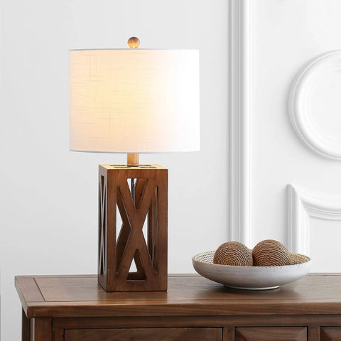 Brown Farmhouse Wood Table Lamp With White Linen Drum Shade 21.5 Inch Cozy Rustic Modern Bedside And Living Room Mood Light LED Bulb Included ETL Listed For Safety on wooden table