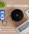 All In One Portable Battery Powered Fan For Travel And Camping with USB C cable and smartphone next to laptop on table