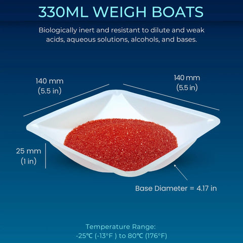 Disposable 330mL Weigh Boats Pack Of 125 Large Plastic Weighing Dishes For Lab Use Food Safe Antistatic Polystyrene Great For Measuring Powders Liquids Supplements And Food Samples With Easy Cleanup, 140 x 140 x 25 mm