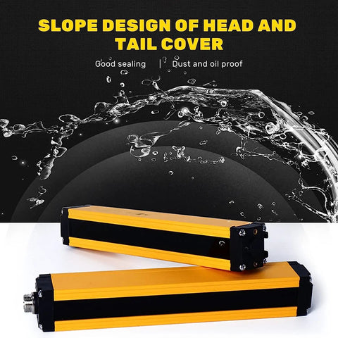 Built Tough Safety Light Curtain With Controller And Cable Ten Beams Protection Height 360mm Total Height 430mm Beam Pitch 40mm Fast 10ms Response Industrial Safety Sensor Screen For Machinery, yellow aluminum casing, displayed with water protection feature