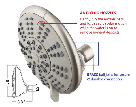 5 Inch Anti Clog High Pressure Dual Shower Head With Handheld Spray, brass ball joint, shown with anti-clog nozzles