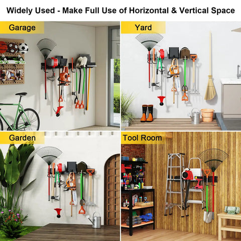 Garage Storage Wall Mount Organizer With 6 Tool Hooks And 2 Shelves in use in garage, yard, garden, and tool room
