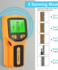 Stud Finder Wall Scanner, 5 in 1 Stud Finder Tool with LCD Display (Yellow) showing scanning modes and measurement details on screen.