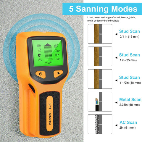 Stud Finder Wall Scanner, 5 in 1 Stud Finder Tool with LCD Display (Yellow) showing scanning modes and measurement details on screen.