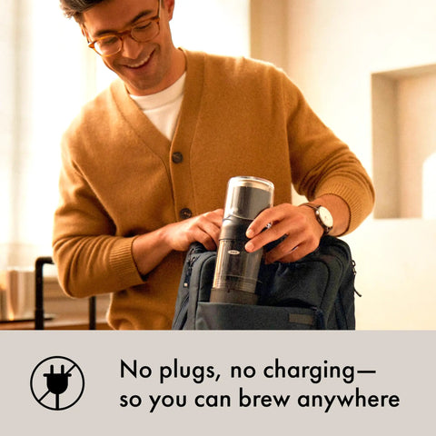 Person placing Rapid Brew Portable Coffee Maker For On The Go into backpack, highlighting plug-free, travel design