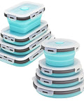 Stacked 8 piece silicone collapsible food storage bowls with lids for camping and RV trips on the go space saving four sizes
