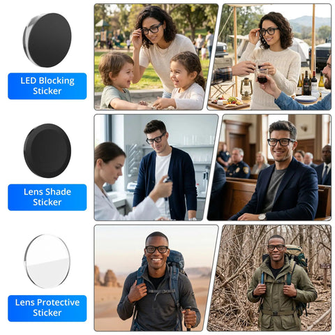 Lifestyle images showing LED Light Blocking Sticker Kit for Ray Ban Meta Gen 1 Gen 2 and Oakley Meta HSTN Eyewear with 10 stickers each type.
