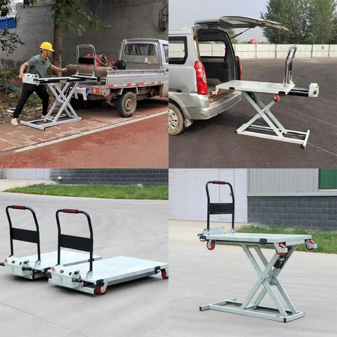 Rock Solid Electric Hydraulic Scissor Lift Cart With Six Hundred Sixty Pound Load Rating And Forty Inch Foldable Work Platform in use by vehicle.