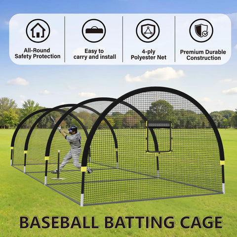 Backyard Baseball Batting Cage With 30ft By 12ft By 8ft Frame Portable Practice Net Featuring Pitching Machine Hole