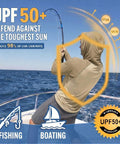 Person fishing on a boat wearing Men's Ice Cool Silky Sun Protection Hoodie UPF 50 Plus Long Sleeve Rash Guard Shirt For Fishing