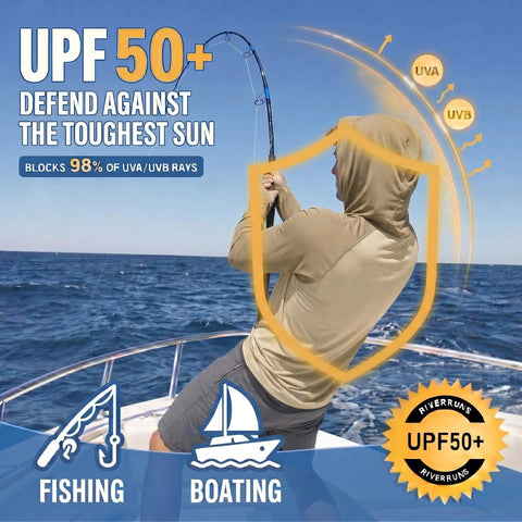 Person fishing on a boat wearing Men's Ice Cool Silky Sun Protection Hoodie UPF 50 Plus Long Sleeve Rash Guard Shirt For Fishing