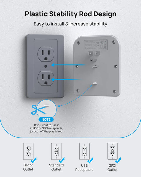 Back view of 5 Outlet USB Wall Plug Extender With USB C Port And 1440J Surge Protector On Off Switch 3 Sided Wall Plug Adapter