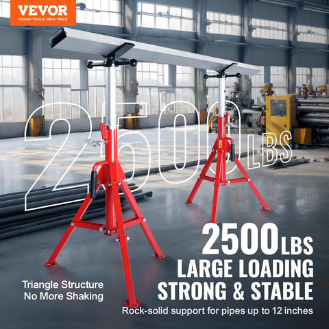 Front view of red VEVOR steel pipe jack stand with triangular base and adjustable post, 2500 lbs capacity.